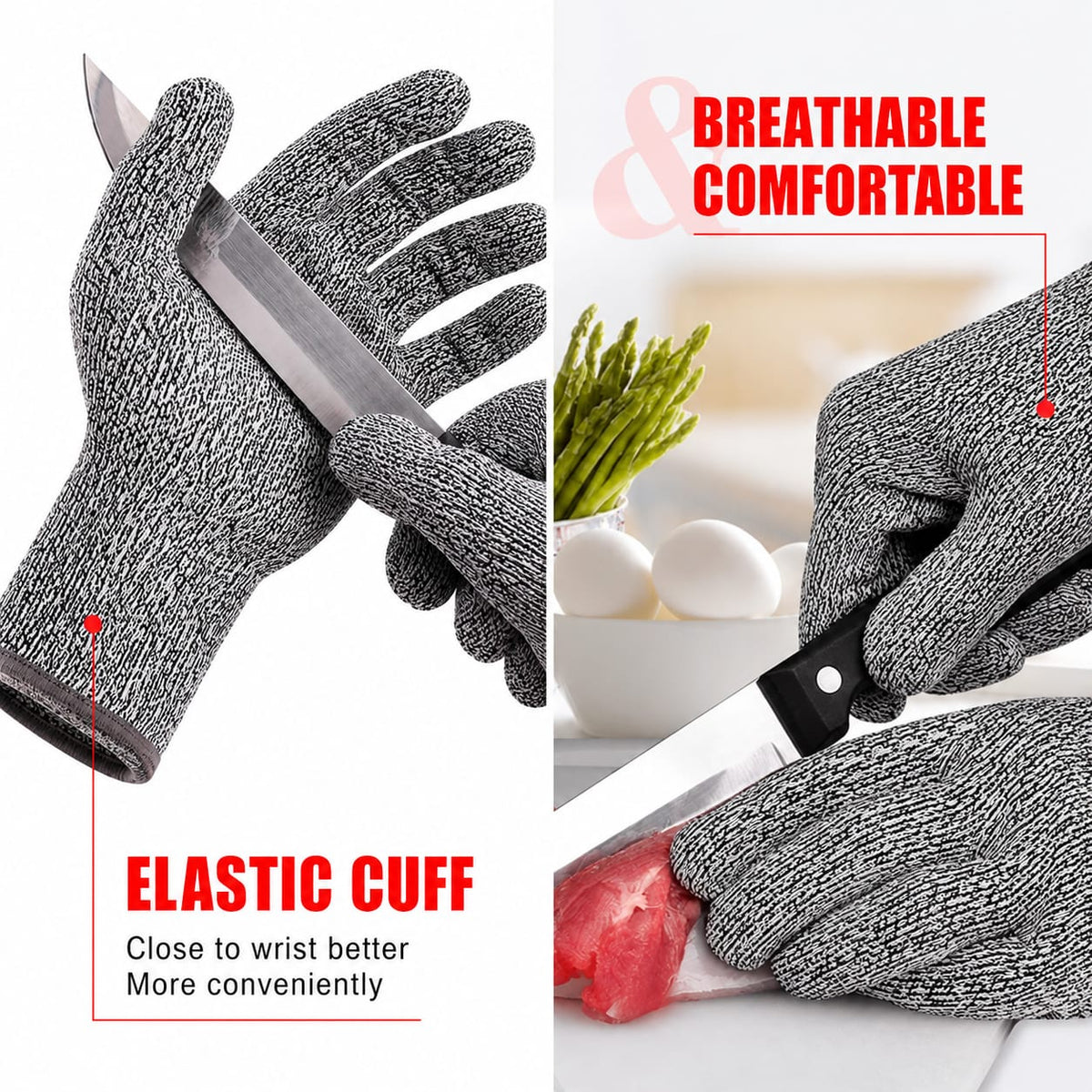 Schnittfeste Handschuhe aus HPPE, Level 5 Schutz, CE-zertifiziert, für Küche, Arbeit und Industrie